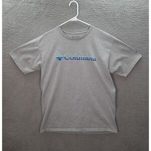 Columbia Shirt Adult Large Gray Blue Spell Out Logo Tee Outdoors Fishing *